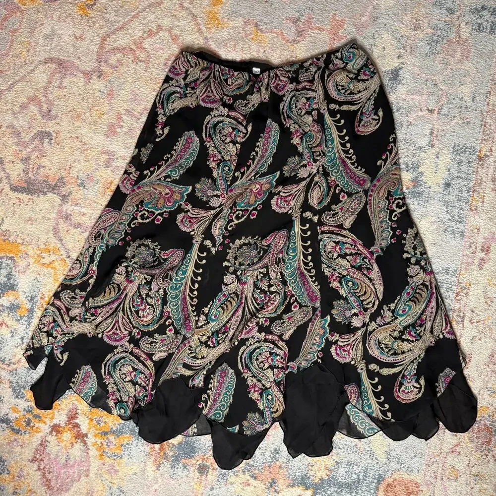 Vintage Y2K black paisley whimsigoth boho midi skirt
